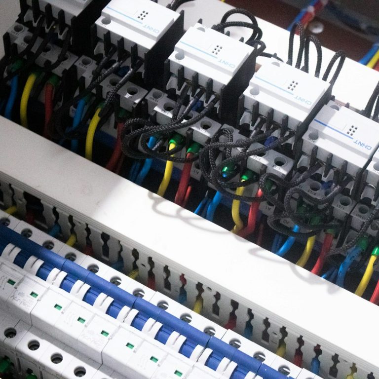 Blick auf ein elektrisches Schaltpanel mit mehreren Leitungen und Sicherungen.